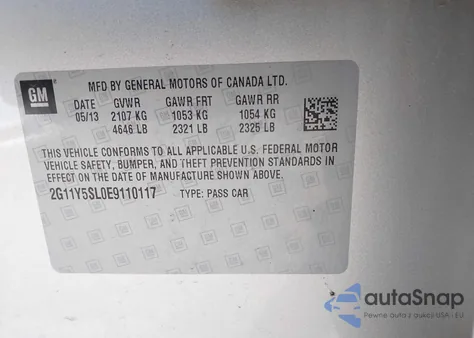 2014 Chevrolet Impala 1Ls z USA, uszkodzony, nr VIN 2G11Y5SL0E9110117